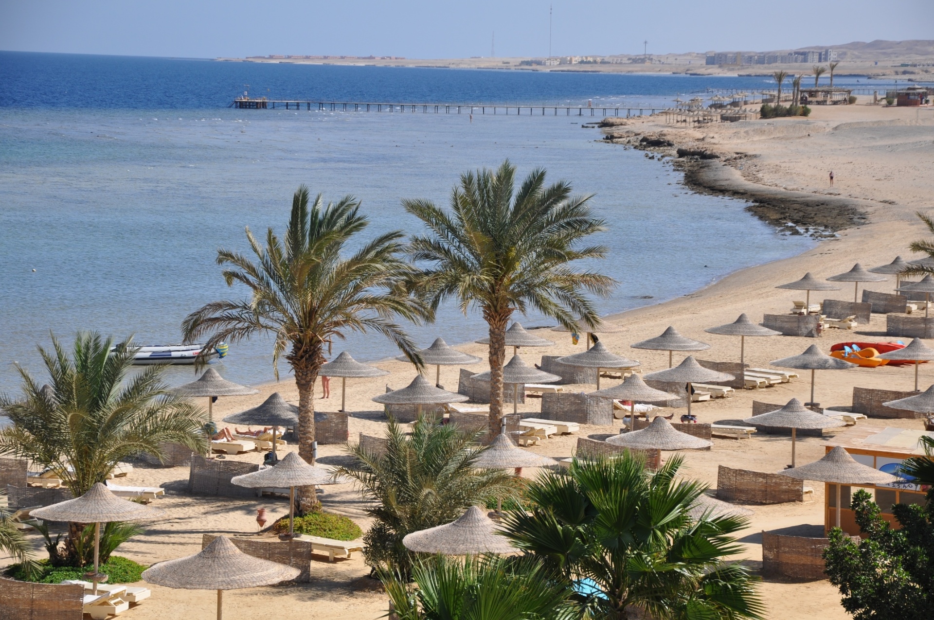 Aerial of palms and umbrellas on warm sand